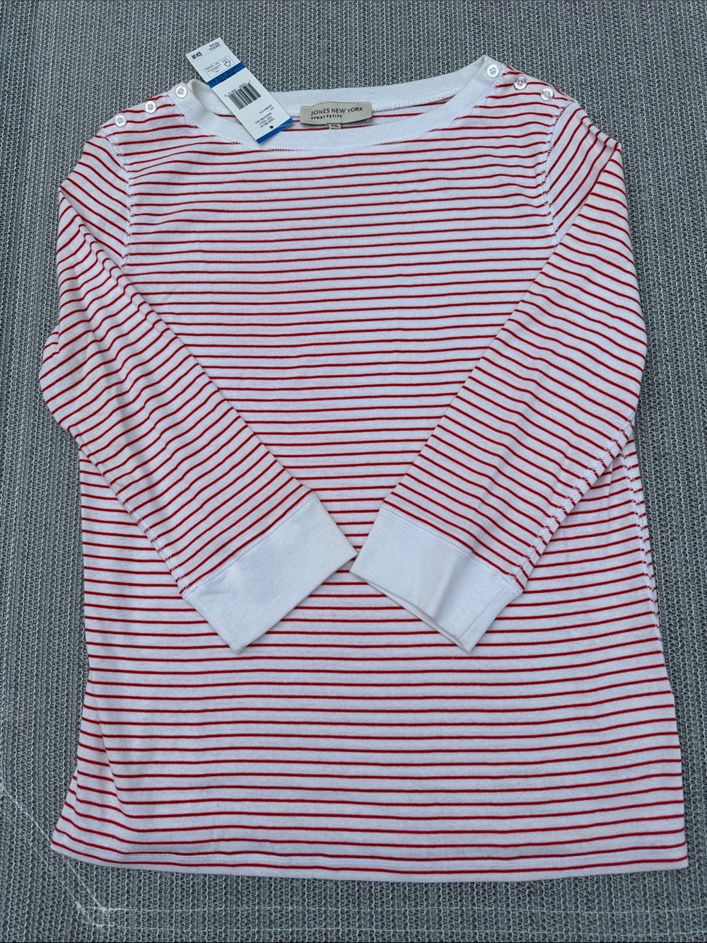 Jones New York Red & White Striped Long Sleeve Tee with Shoulder Buttons